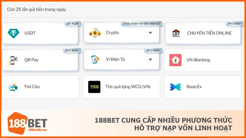 Nạp Tiền 188BET - Quy Trình Tạo Vốn Nâng Cao Trải Nghiệm 2 188BET cung cấp nhiều phương thức hỗ trợ nạp vốn linh hoạt