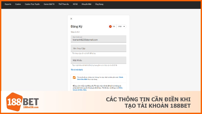 Các thông tin cần điền khi tạo tài khoản 188BET